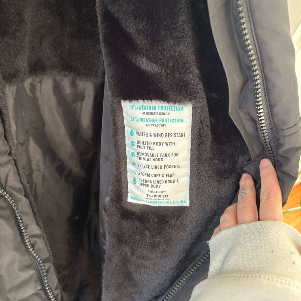 Torrid Black Faux Fur Hooded Longline Puffer Coat - Picture 10 of 11